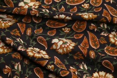 Indian Cotton Running 25 Yard Black Floral Fabric Hand Block Print Printed Loose - Image 1 of 4