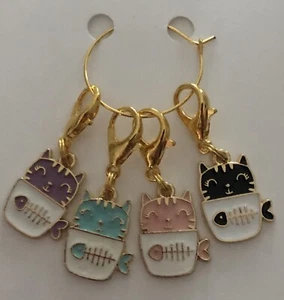 Stitch Markers Stitch Holders Knitting Crochet Set Of 4 Enamel Cats - Picture 1 of 1