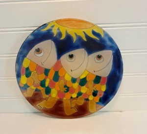 Rodolfo Carrillo Fused Art Glass Plate Mexico SUN Walking FISH arms & legs 8.5" - Picture 1 of 12