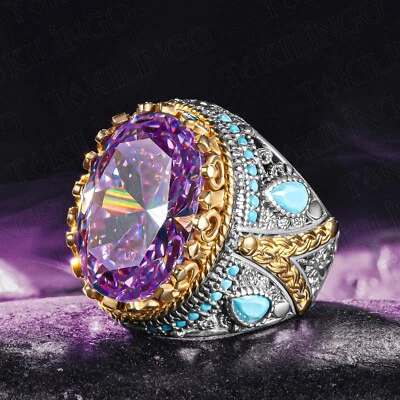 Anillo de plata esterlina 925 ovalado piedra amatista púrpura anillo de piedra turquesa para hombre Foto 1 de 4