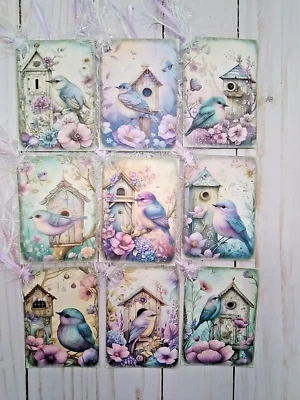 9 pájaros de primavera ~ hechos a mano ~ etiquetas de regalo ~ libros de recortes ~ diarios basura ~ artesanías ~ diarios basura Foto 1 de 3