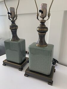 Pair UTTERMOST Bronzed Brass & Ceramic Turquoise Crackle Glaze Table Lamps
