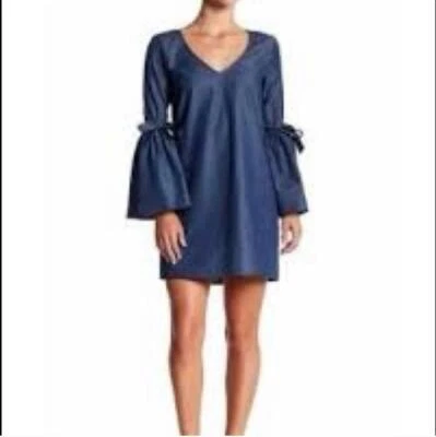 Vestido de sarga para mujer largo con lazo manga campana cuello en V vestido recto talla M~L Foto 1 de 4