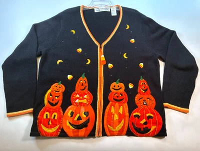 Vintage BEADED HALLOWEEN CARDIGAN SWEATER Black XL Embroidered Pumpkins Tiara - Image 1 of 4