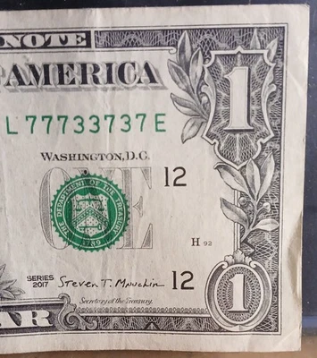 2017 Federal Reserve One Dollar Bill Fancy Serial Number Binary Currency - Image 1 of 4
