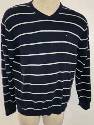 TOMMY HILFIGER Mens Crew Neck Jumper Sweater 2XL Blue Striped Cotton - Image 1 of 4