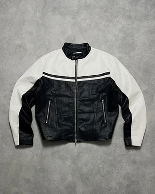 Bellizzi Men’s Black White Racing Leather Jacket Biker Moto Y2K Cafe Racer Style - Image 1 of 4