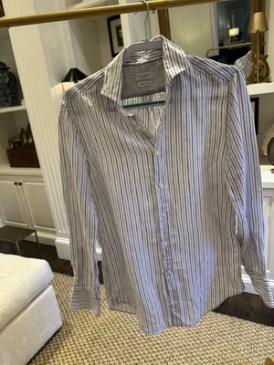 Brunello Cucinelli Linen  blue and white striped Button Up Shirt Men’s Small - Image 1 of 3
