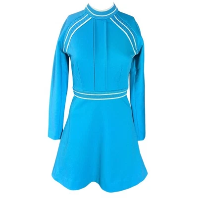 Vintage Womens Dress XS Blue Long Sleeve Plaid Mock Neck A-Line 60s 70s Preppy - Image 1 of 4