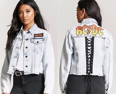 ACDC Gráfico Lavado Ácido Denim Vaquero Crop Chaqueta Mujer Talla GRANDE Ac/dc Blazer Top Foto 1 de 4