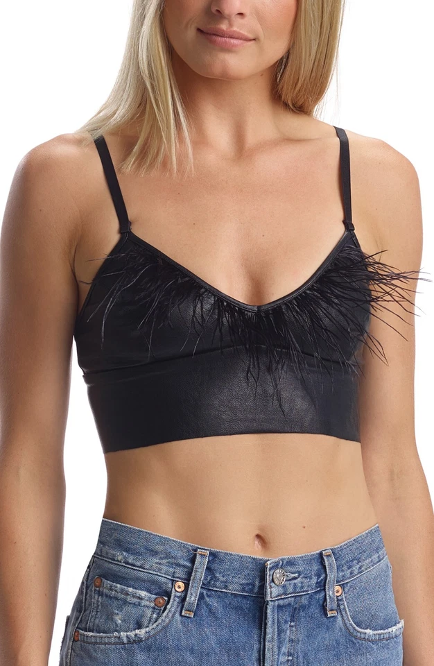 Commando Faux Leather Feather Trimmed Bralette Crop Top Black Medium - Image 1 of 1