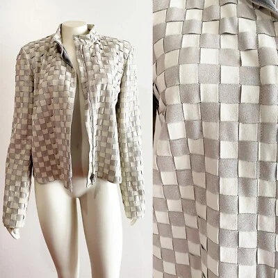 Chaqueta Giorgio Armani Tejida Cuero Cabra y Gamuza Gris Taupey Beige Marfil 42 Foto 1 de 4