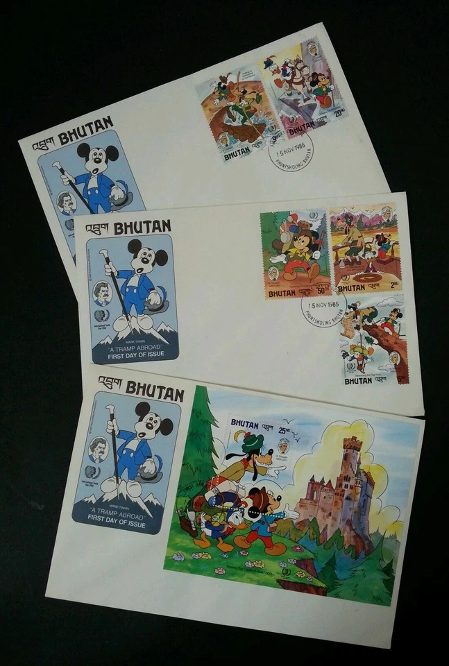 [SJ] Bhutan Walt Disney A Tramp Abroad 1985 Mickey Cartoon Animation Castle (FDC - Image 1 of 4