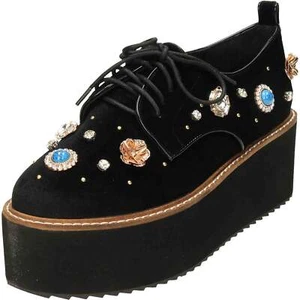 Shellys London Black Retro Creeper Shoes Lace Up Flat High Platform Goth Punk