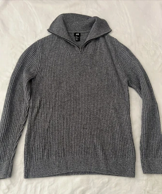 H&M Men’s Medium Gray Wool Blend 1/4 Zip Pullover Sweater Textured Knit - Image 1 of 4