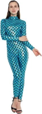 万圣节女式鱼鳞蓝绿色紧身衣,舞台亮装服装 14274 — 第 1/4 张图片