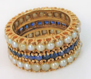 VTG BEAUTIFUL 14K YELLOW GOLD THICK BLUE SAPPHIRE PEARL ETERNITY BAND S7 9.2G - Picture 1 of 3