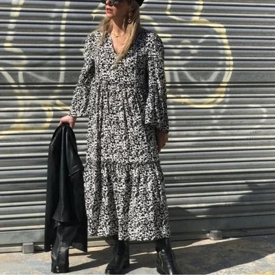 ZARA Size Large L Black Floral Print Ruffle Hem Tiered Boho Midi Dress Ruffle - Image 1 of 4