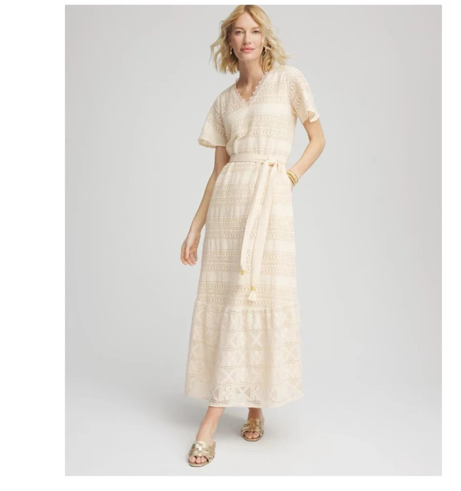 CHICO’S NOVO COM ETIQUETAS $ 159 Crochê Renda ~Maxi Camadas, Cinto, Bolsos ~Forrado~Vestido 2/12 Grande - Imagem 1 de 1