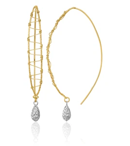 14K Solid Two Tone Gold Wire Wrapped Dangle Earrings - Picture 1 of 11