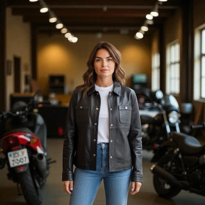 Chaqueta de moto Barney’s de cuero para mujer negra MC mediana estilo motociclista occidental Foto 1 de 4