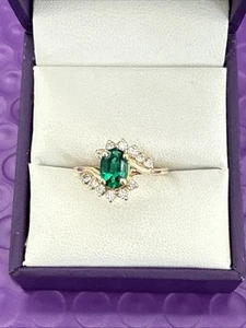 💎 Anillo de diamantes naturales esmeralda ovalada de oro amarillo de 14K para dama talla 6,5 - Imagen 1 de 8