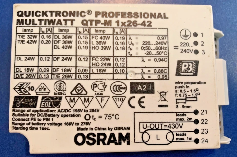 OSRAM INDUZIONE RAPIDA QUICKTRONIC PROFESSIONALE MULTIWATT QTP-M 1x26-42 - Immagine 1 di 1
