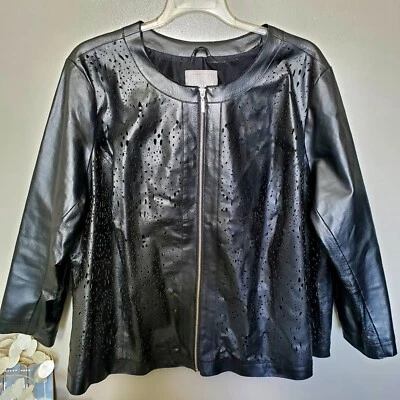 Jessica London 外套皮革夹克尺寸 28W 黑色激光切割全拉链 — 第 1/4 张图片