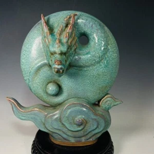 13.3" old antique song dynasty lujun porcelain green glaze coiled dragon statue - Picture 1 of 9