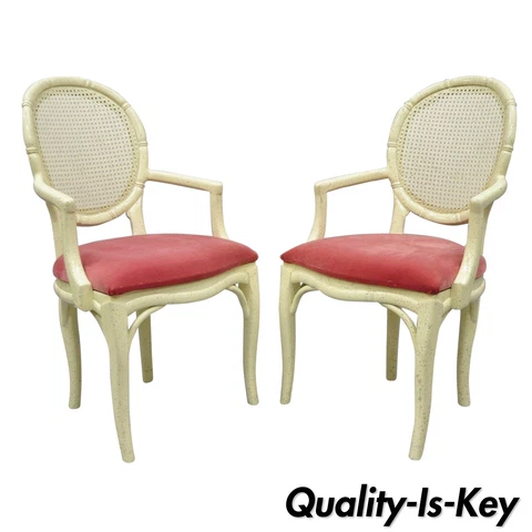 Pair French Hollywood Regency White Faux Bamboo Cane Back Arm Chairs Pink Fabric Cover
