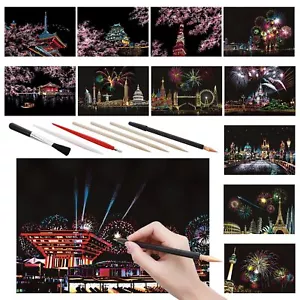 12 Pcs Scratch Art Paper Rainbow Scratch Paper with Scratching Tools Kit City... - Picture 1 of 10