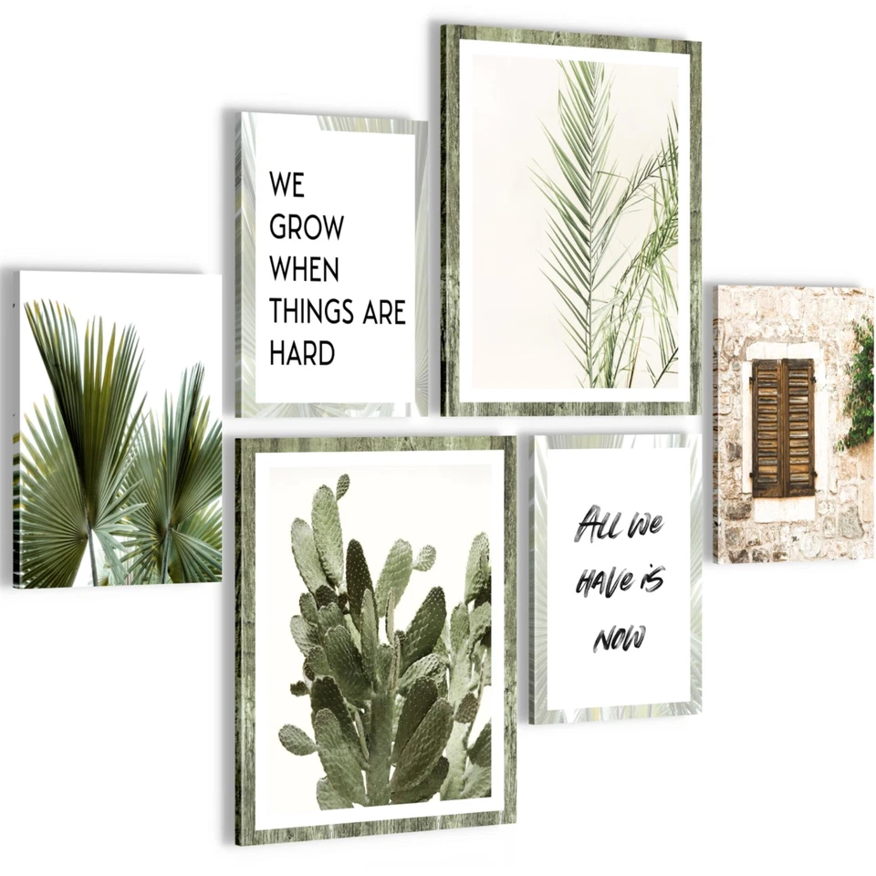 Bilder Set Wohnzimmer Grüne Blätter AUFHÄNGFERTIG Mit Spruch 6 Wandbilder - Bild 1 von 1