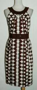Donna Morgan 100% Linen Brown White Circle Print Retro Scoop Neck Dress 8 - Picture 1 of 3