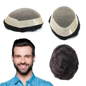 Mens Toupee Human Hair Replacement System Fine Mono Poly Human Remy Hairpieces  - Picture 1 of 12
