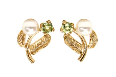 9ct Gold Cultured Pearl and Peridot studs Flower earrings Made in UK Gift Boxed — 第 1/4 张图片