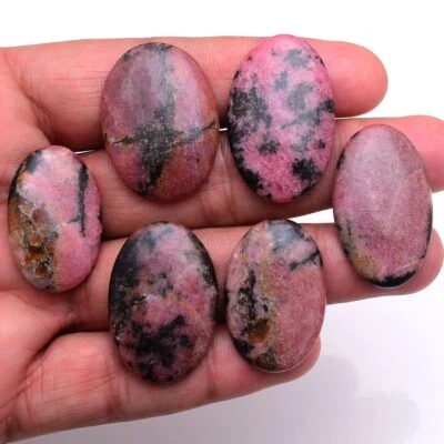 6 Pcs Natural Rhodonite 30mm-35mm Oval Cabochon Unheated Huge Loose Gemstones - Image 1 of 4