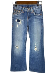 True Religion Girl's Sz 10 Joey Jeans rainbow Twisted Seam Flare Leg Distressed - Picture 1 of 7