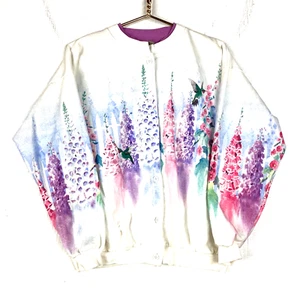 Vintage Flower Cardigan Sweatshirt Size Large White Made In Usa All Over Print - Picture 1 of 3