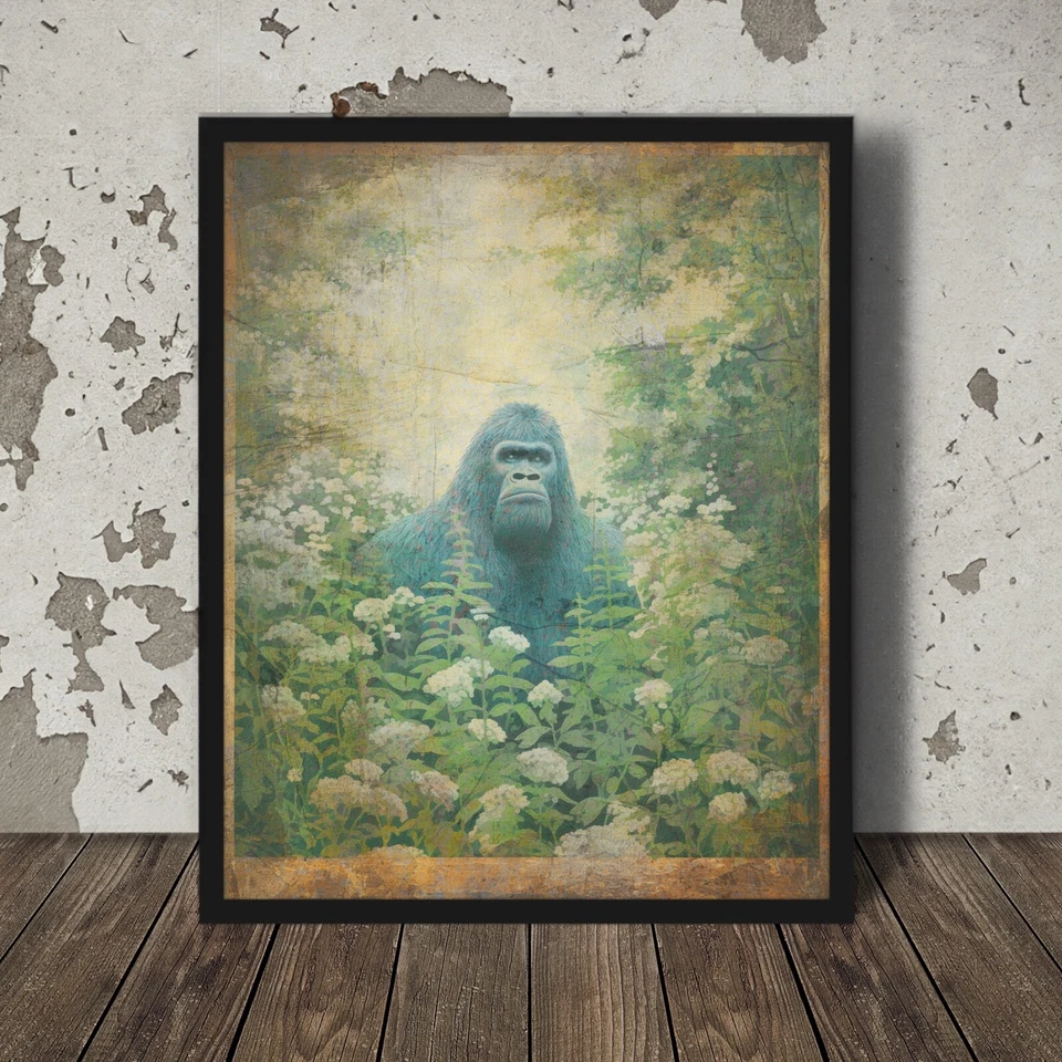 Винтажный SASQUATCH ботанический настенное искусство, снежный человек цветок декор, Cryptid цветочный подарок - Изображение 1 из 4