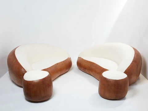 Set of two croissant sofas by Raphael Raffel leather and bouclé 1970s Cover