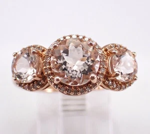 Rose Gold Morganite and Diamond Three Stone Halo Engagement Ring Aqua Gemstone - Picture 1 of 8