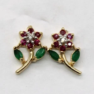 1Ct Round Cut Lab Created Ruby & Diamond Flower Earring 14K Yellow Gold Plated - Picture 1 of 4