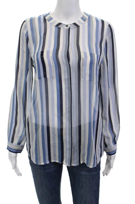 Blusa Joie para mujer cuello de seda manga larga a rayas con botones azul talla S Foto 1 de 4