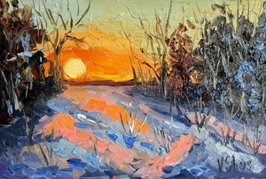 Original Ölgemälde Winterlandschaft Sonnenuntergang Impressionismus Kunst signiert 5,5x8 Zoll - Bild 1 von 7
