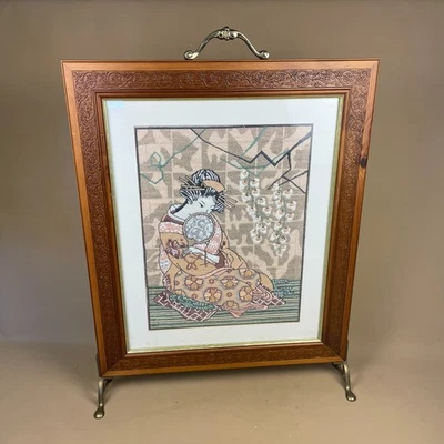 Antique Japanese Fire Screen Oriental Fireguard Hand-stitched Geisha Wood Brass - Image 1 of 4
