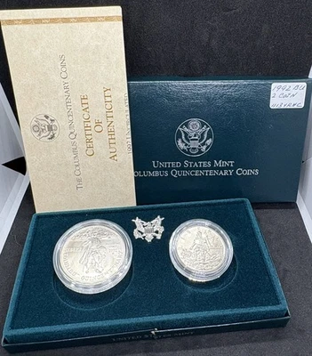1992 Unc Set Columbus Commemorative 90% Silver Dollar, Clad Half, Box & COA! - Image 1 of 4