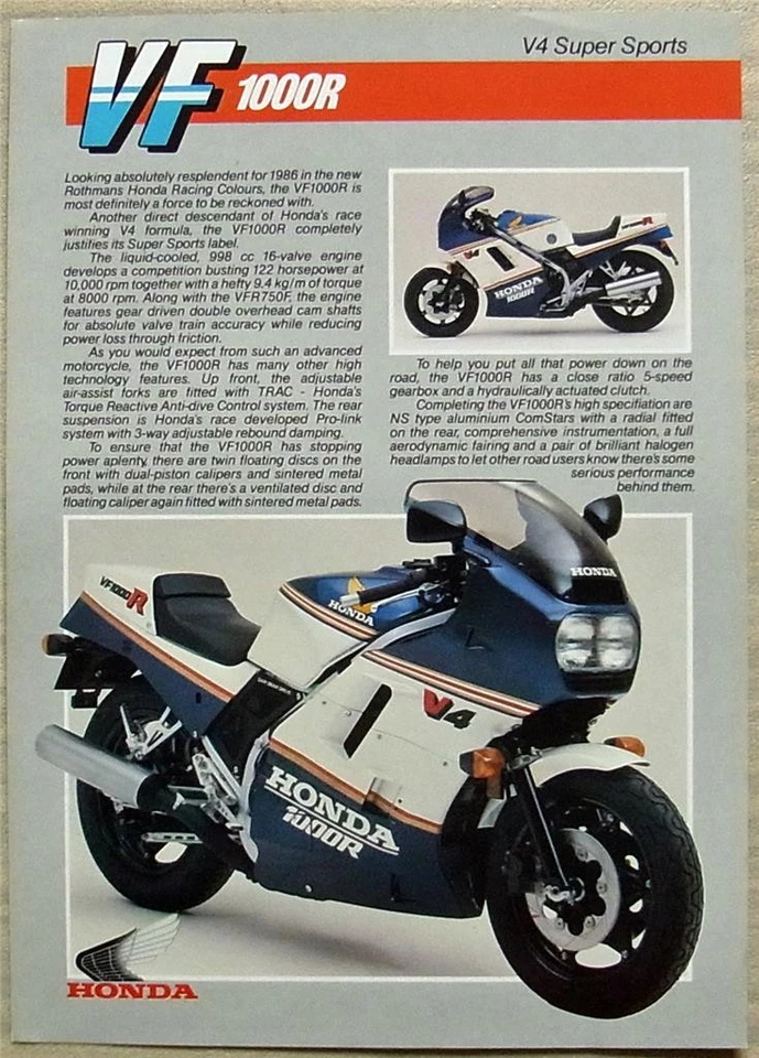 HONDA VF1000R V4 Super Sports Motorcycle Sales Specification Leaflet March 1986 - Image 1 of 2