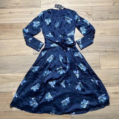 Club Monaco Women's Lined Floral Belted A-Line Dress Size 00 Navy Blue - Image 1 of 4