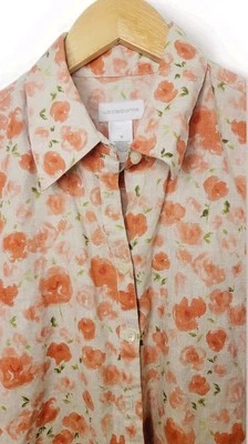 女式 100% 亚麻上衣 M 花卉 3/4 袖纽扣米色粉色腮红玫瑰休闲 — 第 1/4 张图片