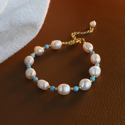 Natural Turquoise Beads Woman Of Real Rice 7-8mm Pearl Bracelet For Pretty Girl - Image 1 of 4